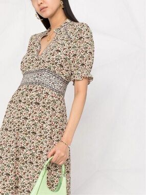 ba&sh Floral Print Midi Dress Puff Sleeve V-Neck Boho Size 0